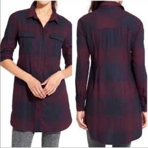 Athleta Trail to Town Flannel Button Up Tunic Dress Maroon Blue Purple XS